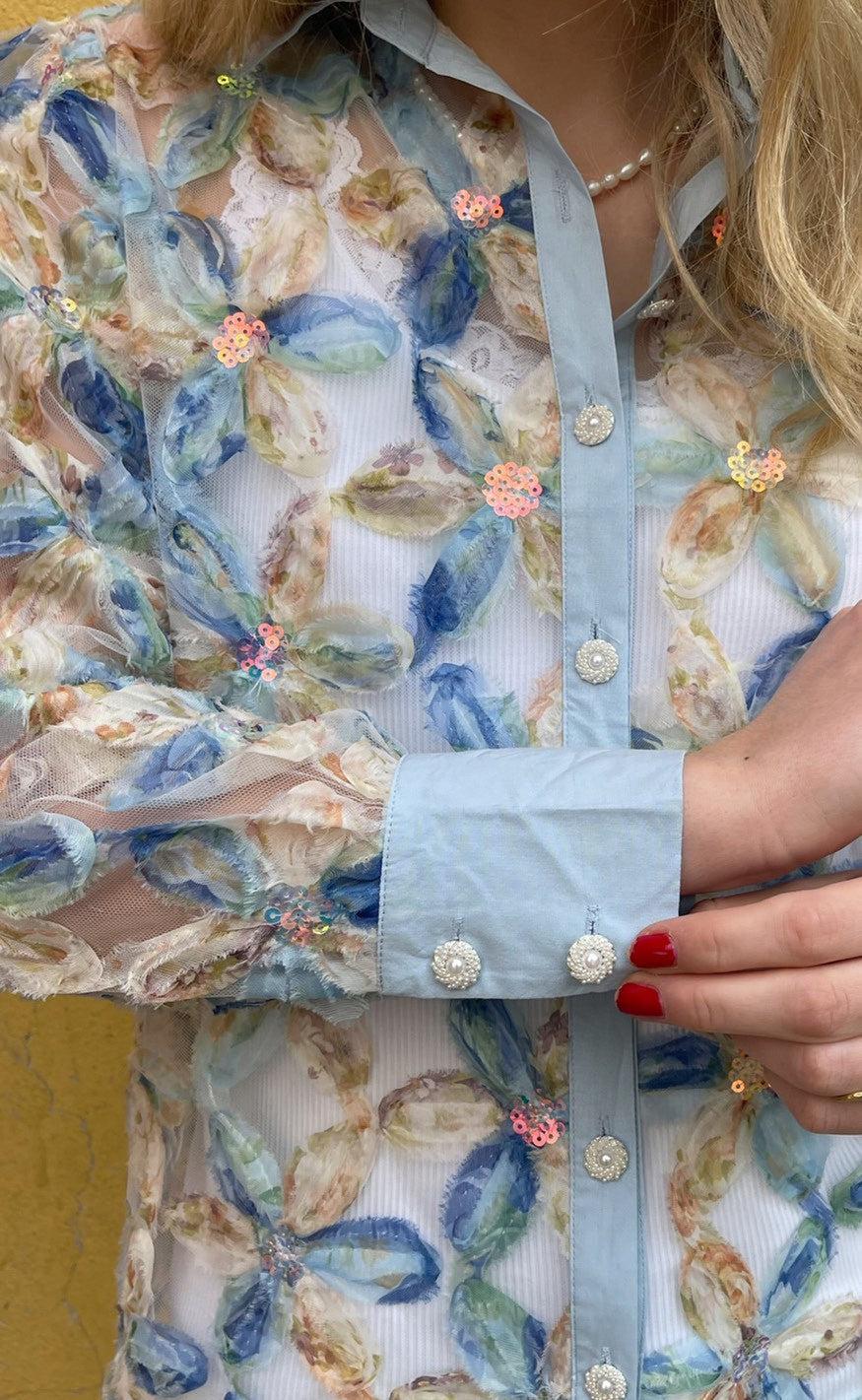 Say INA Copenhagen Skjorte - Pama - Blue Sequin Flower
