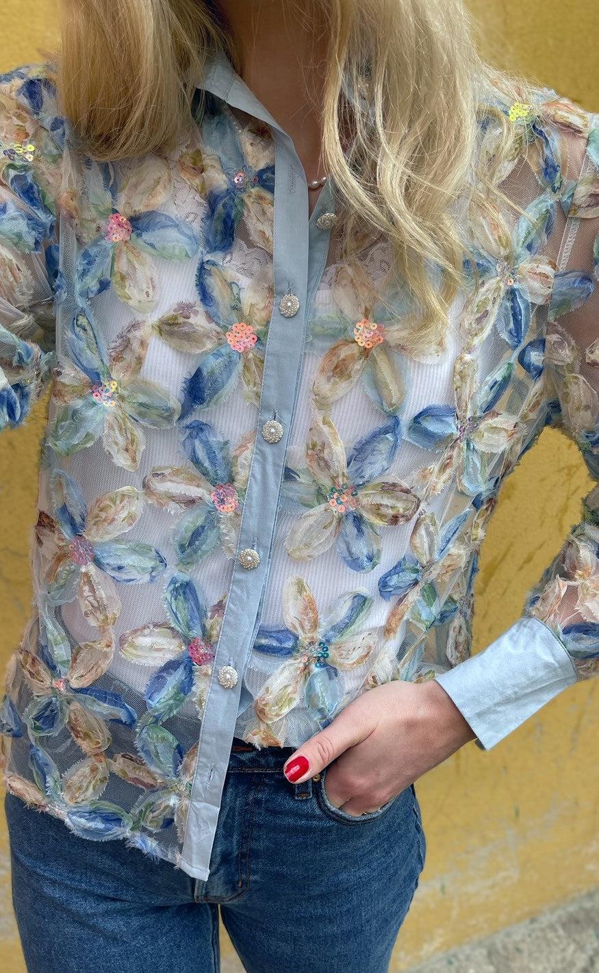Say INA Copenhagen Skjorte - Pama - Blue Sequin Flower