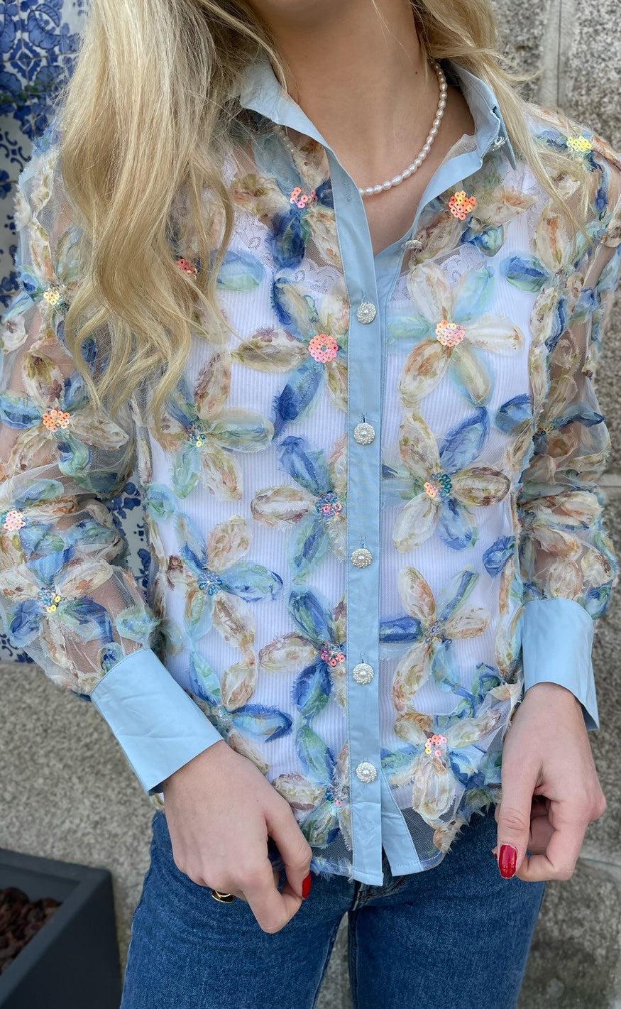 Say INA Copenhagen Skjorte - Pama - Blue Sequin Flower