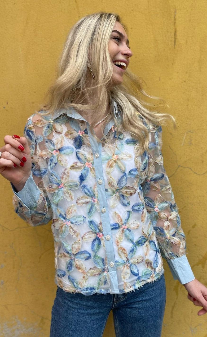 Say INA Copenhagen Skjorte - Pama - Blue Sequin Flower