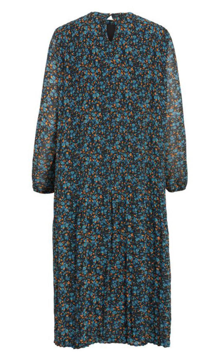 VILA Kjole - Plisse Midi Dress - Black / AOP Deep T