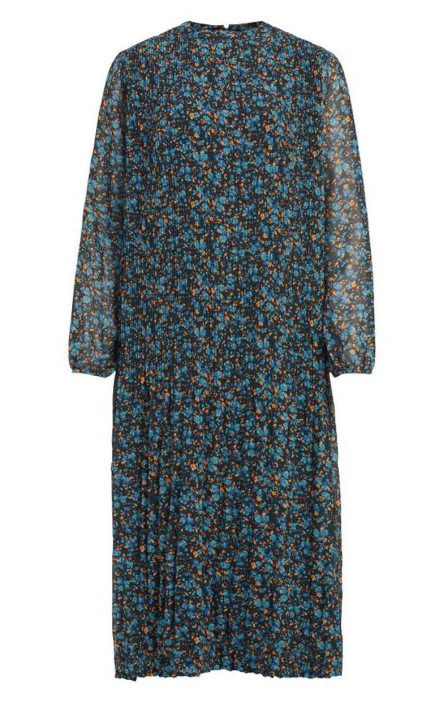 VILA Kjole - Plisse Midi Dress - Black / AOP Deep T