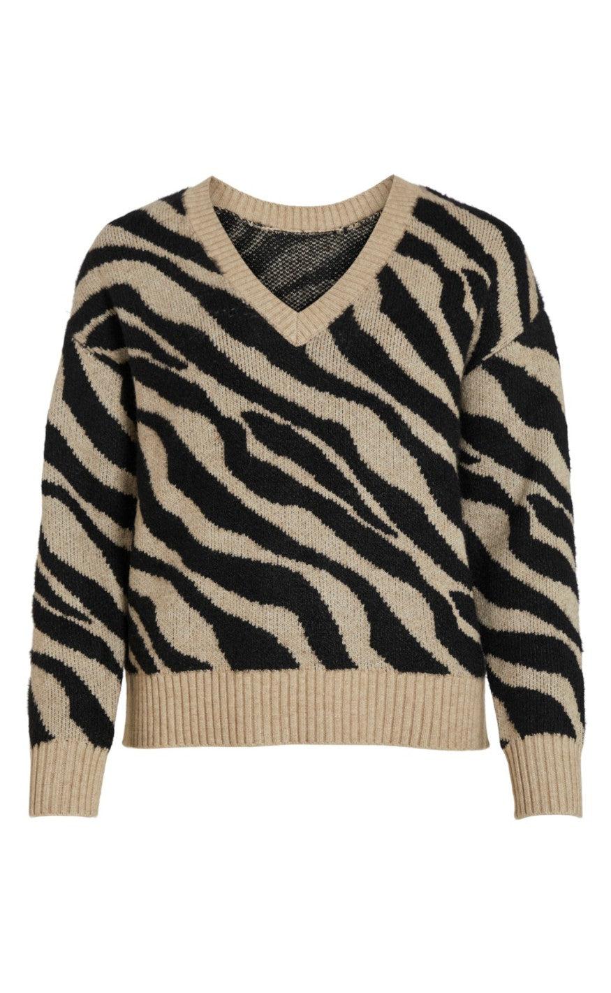 VILA Striktrøje - Ril Feami - Natural Melange W. Black