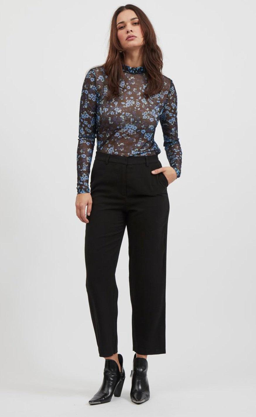 VILA Top - Highneck Mesh - Black / Flower Print