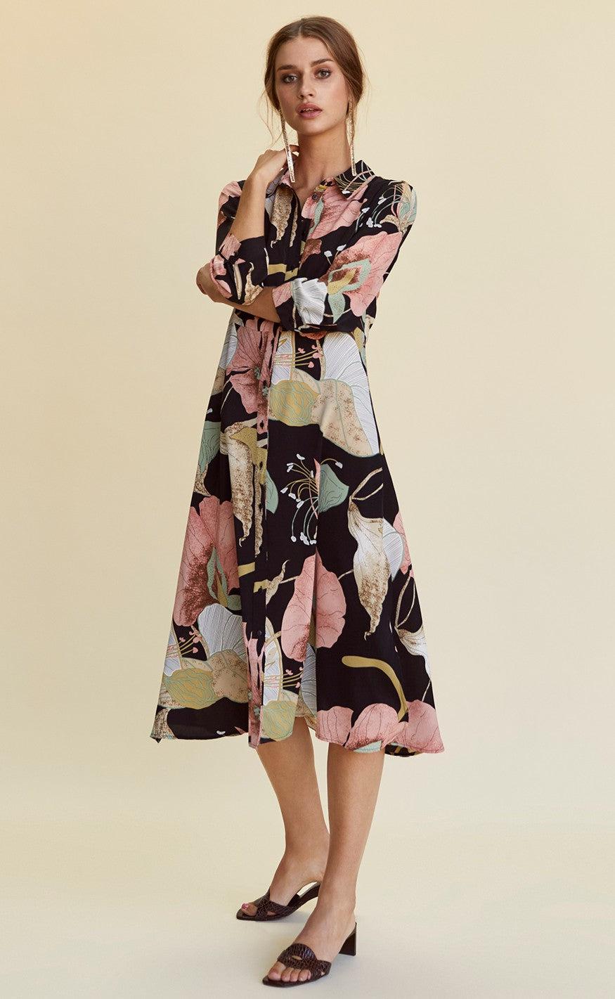 YAS BLOOMI MIDI DRESS BLACK